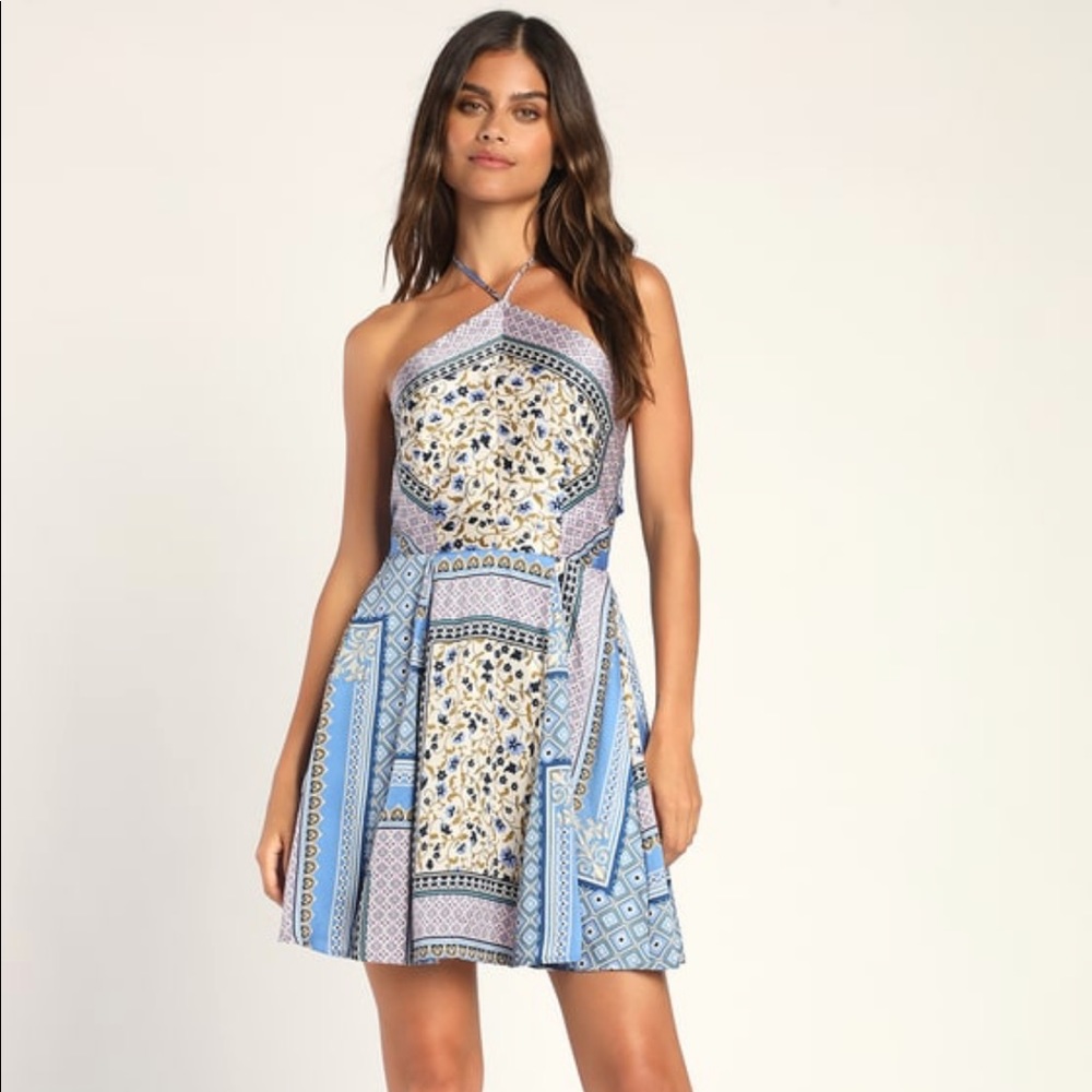 NWT Lulu’s Forever Mesmerizing Blue Scarf Print Halter Mini Dress